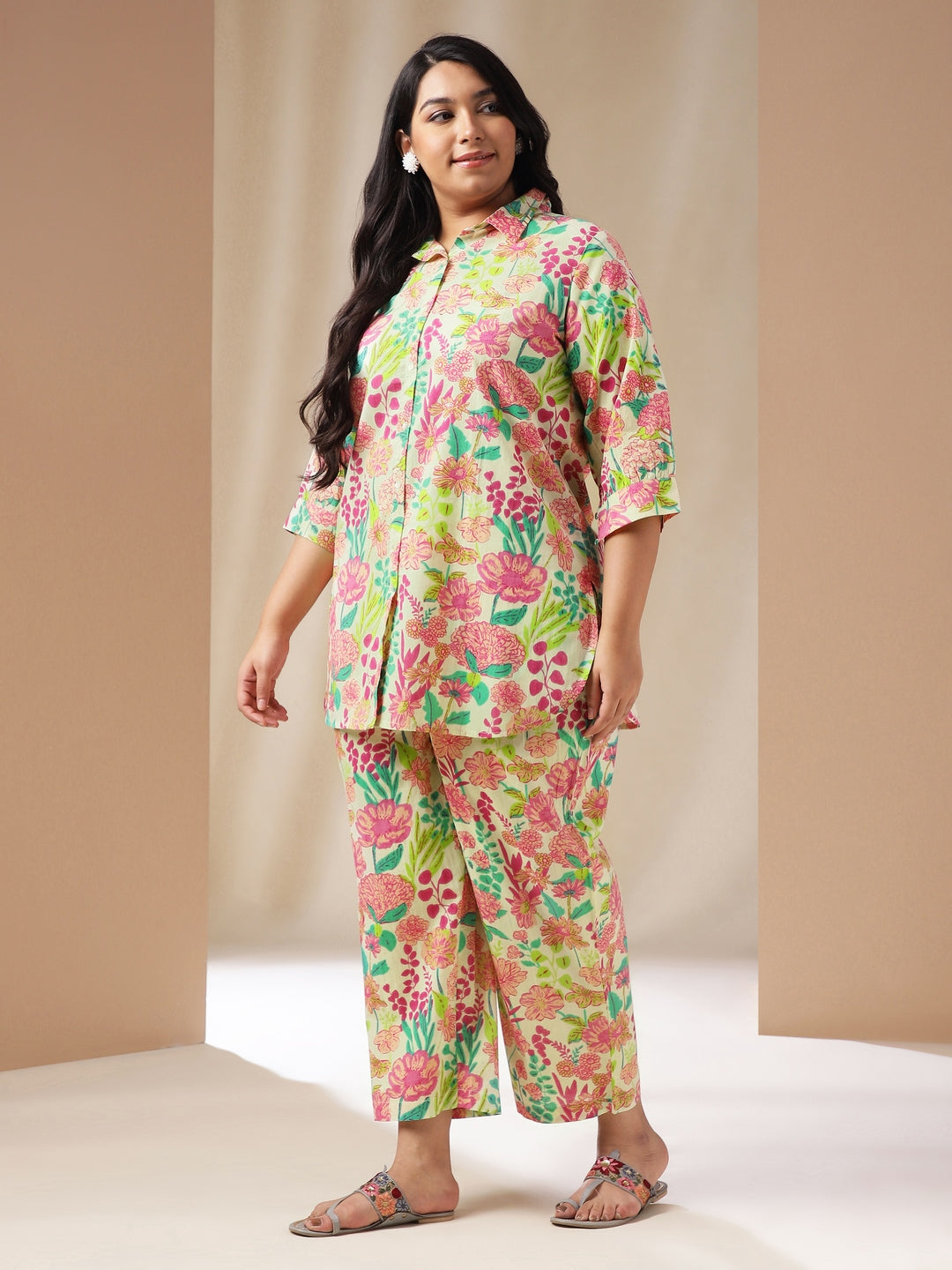 Janasya Regular Cambric Beige Floral Collar Co-Ords | Grocsy