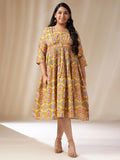 Janasya Gathered Cotton Mustard Floral V-Neck Dress | Grocsy