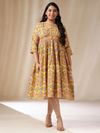 Janasya Gathered Cotton Mustard Floral V-Neck Dress | Grocsy