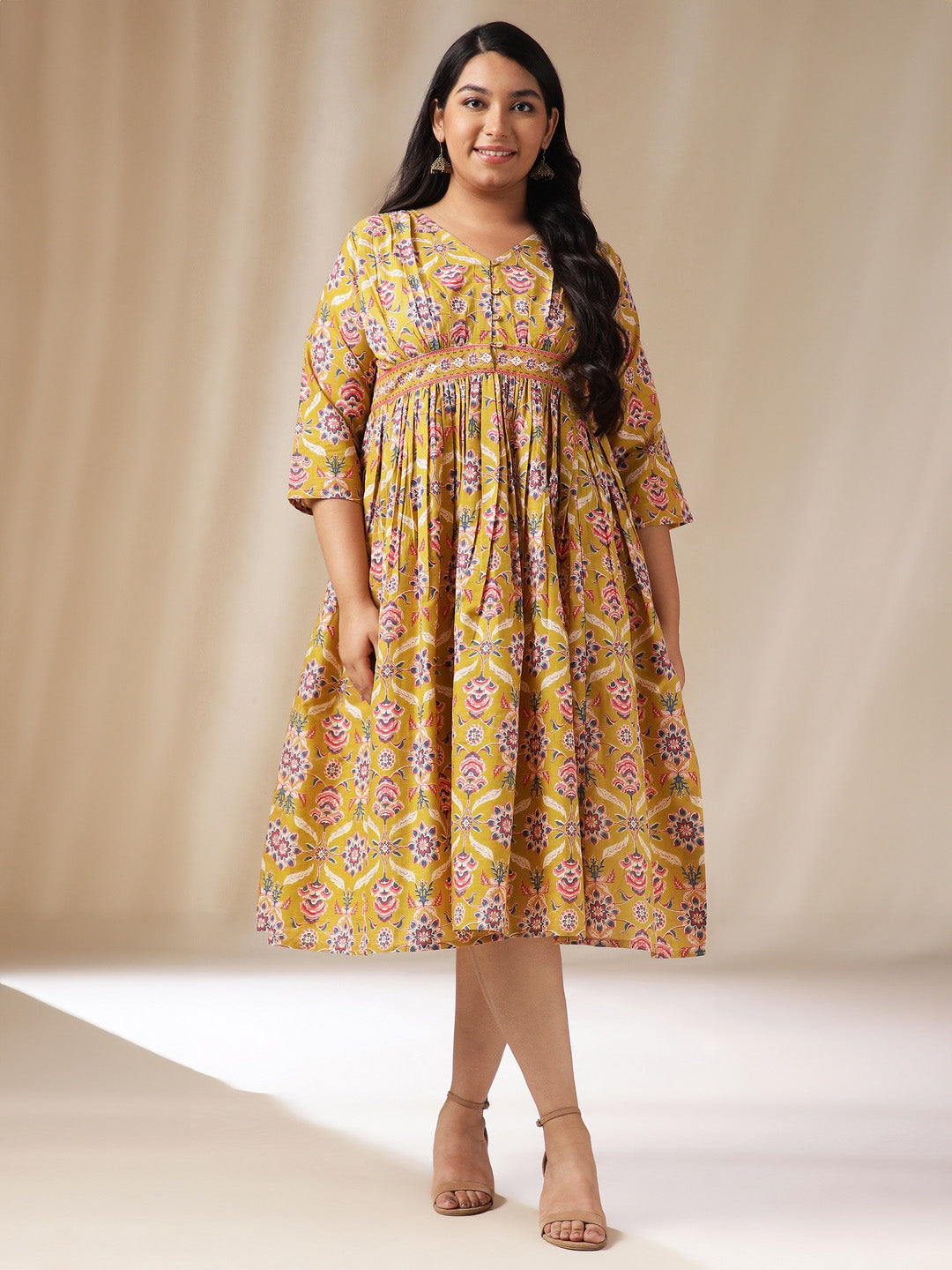 Janasya Gathered Cotton Mustard Floral V-Neck Dress | Grocsy