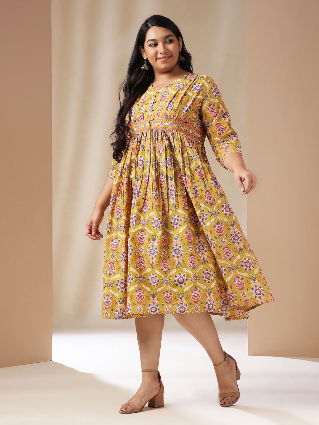 Janasya Gathered Cotton Mustard Floral V-Neck Dress | Grocsy