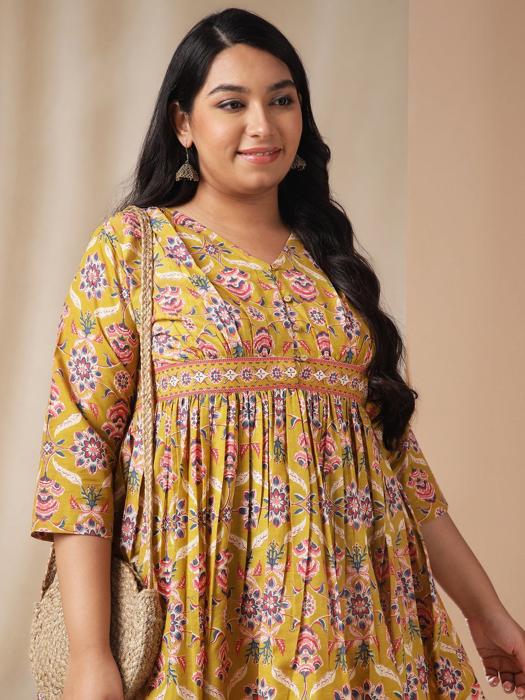 Janasya Gathered Cotton Mustard Floral V-Neck Dress | Grocsy