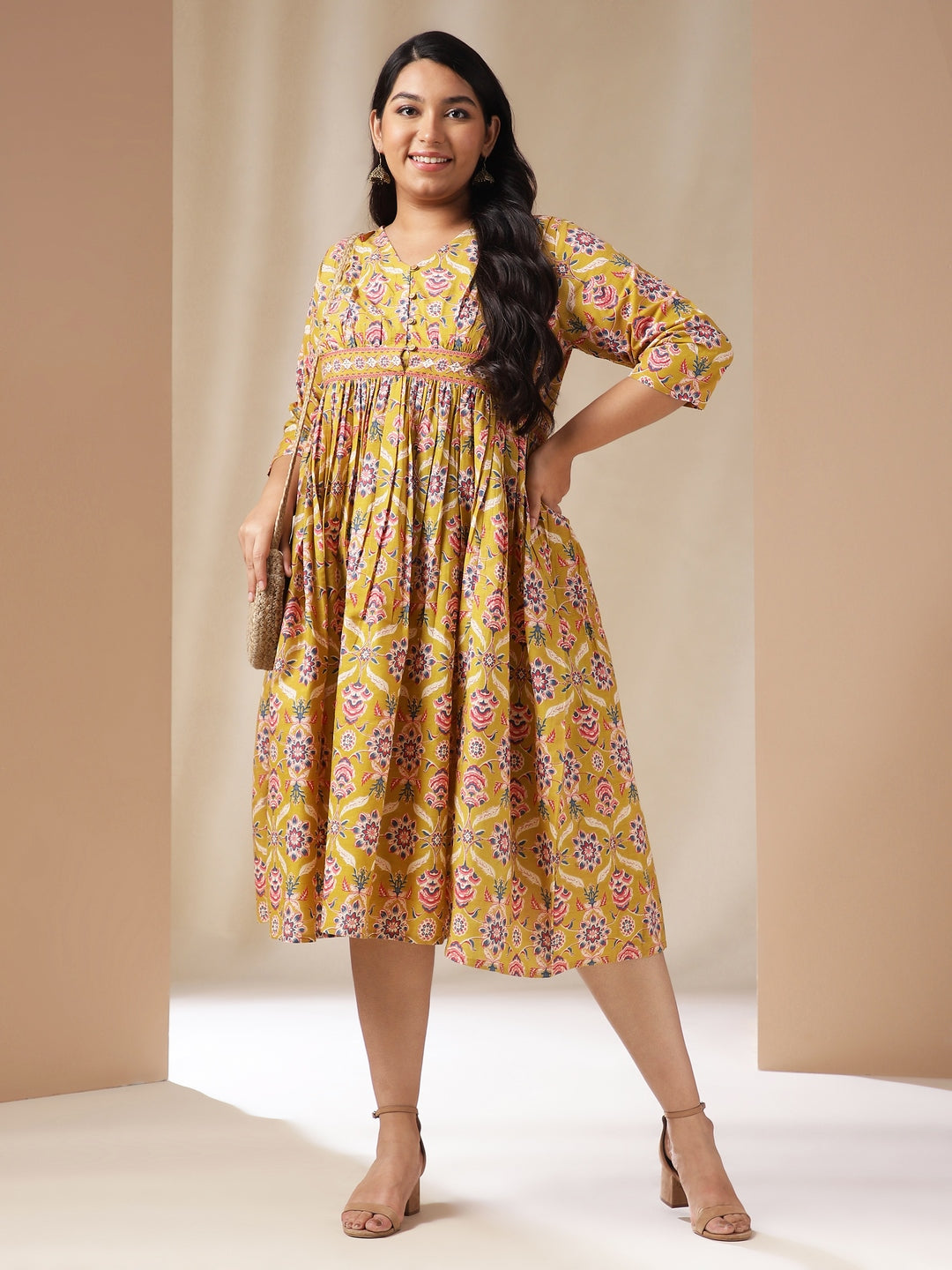 Janasya Gathered Cotton Mustard Floral V-Neck Dress | Grocsy