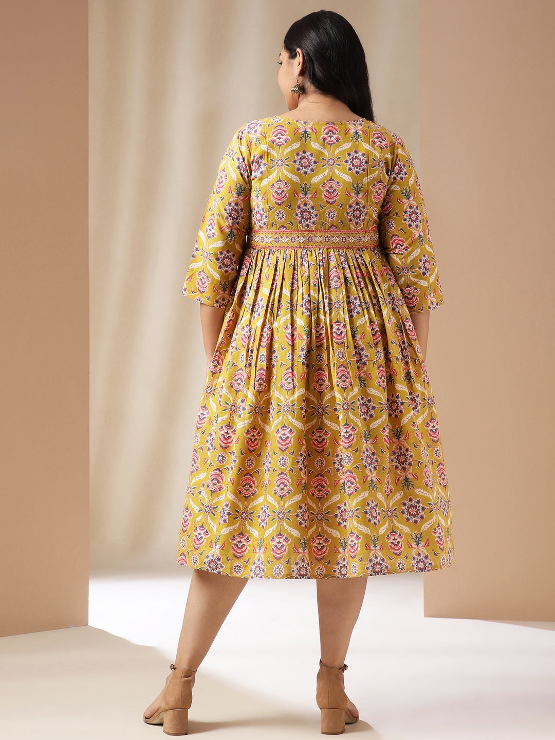 Janasya Gathered Cotton Mustard Floral V-Neck Dress | Grocsy