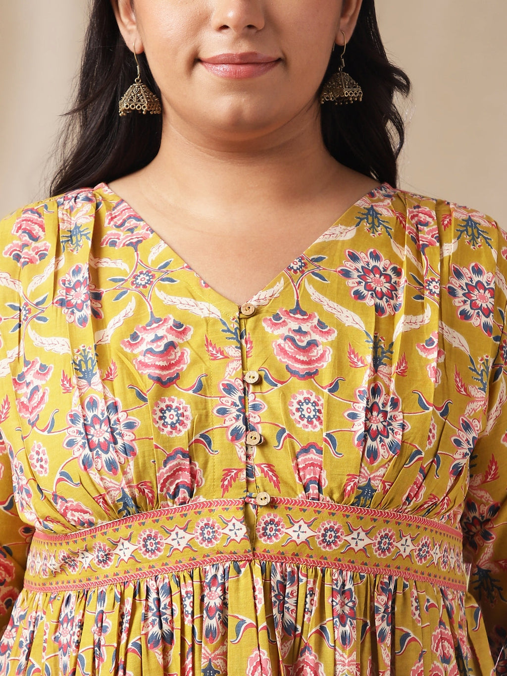 Janasya Gathered Cotton Mustard Floral V-Neck Dress | Grocsy
