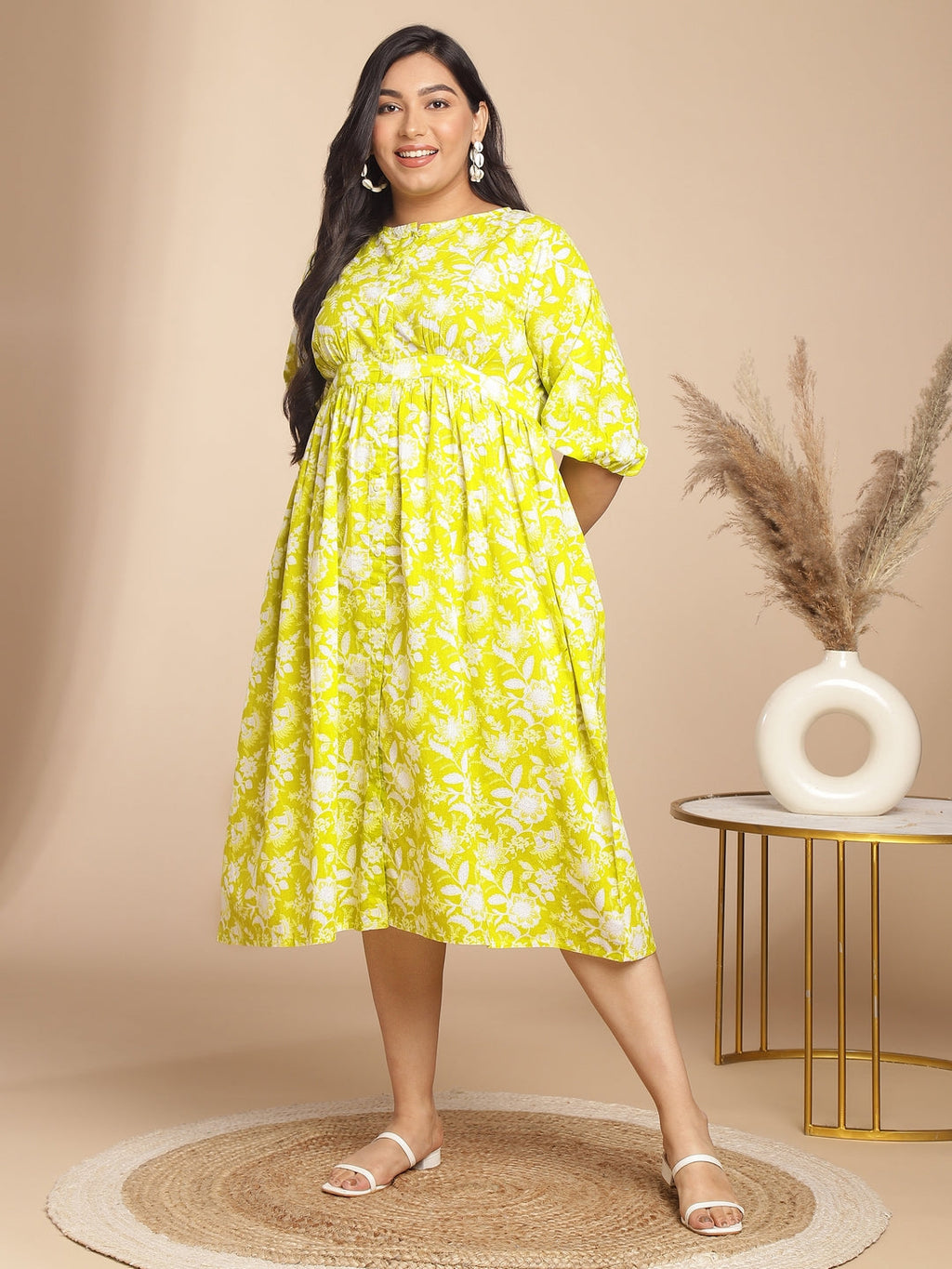 Janasya Gathering Cambric Lime Floral Round Neck Dress | Grocsy