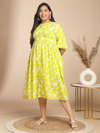 Janasya Gathering Cambric Lime Floral Round Neck Dress | Grocsy