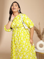 Janasya Gathering Cambric Lime Floral Round Neck Dress | Grocsy