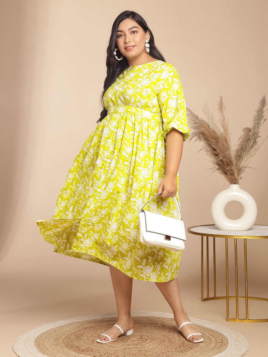 Janasya Gathering Cambric Lime Floral Round Neck Dress | Grocsy