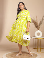 Janasya Gathering Cambric Lime Floral Round Neck Dress | Grocsy