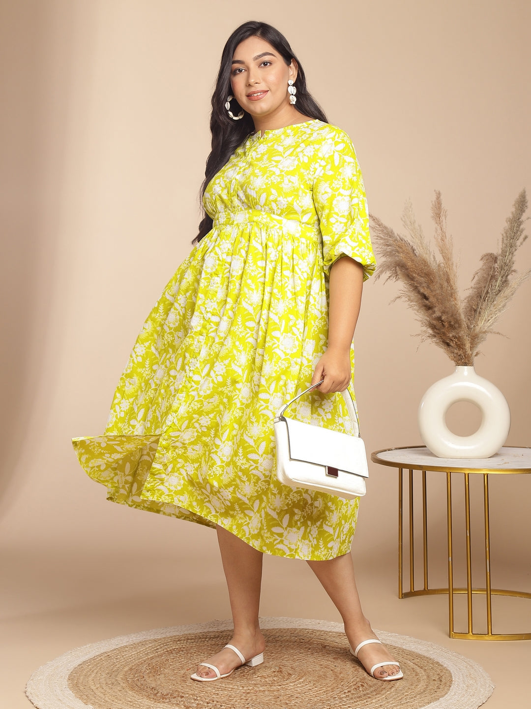 Janasya Gathering Cambric Lime Floral Round Neck Dress | Grocsy