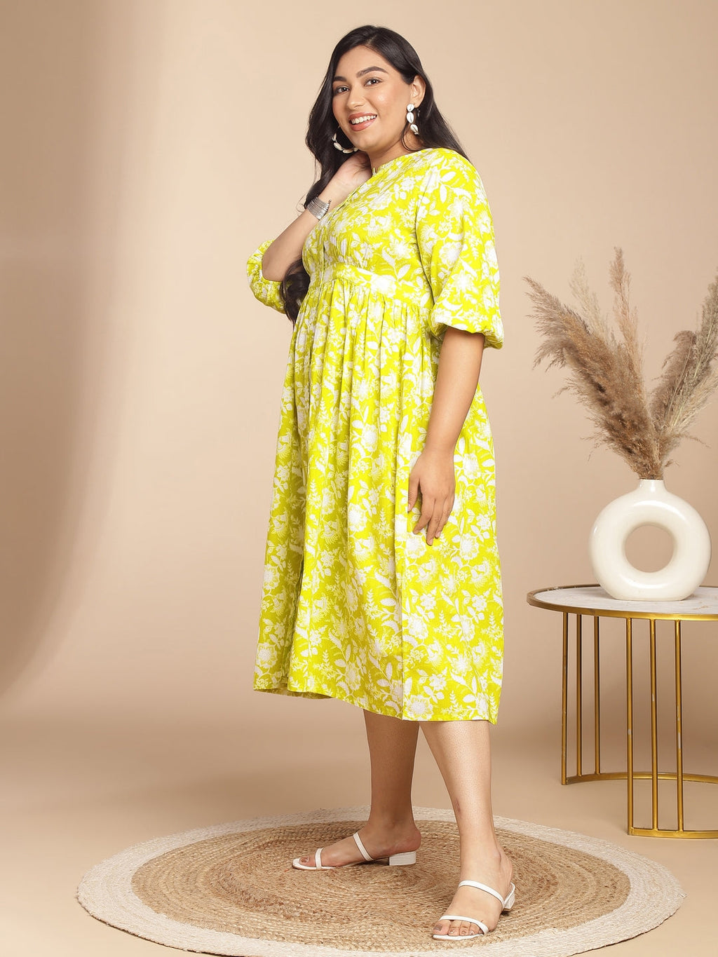 Janasya Gathering Cambric Lime Floral Round Neck Dress | Grocsy