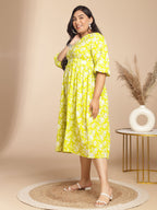 Janasya Gathering Cambric Lime Floral Round Neck Dress | Grocsy