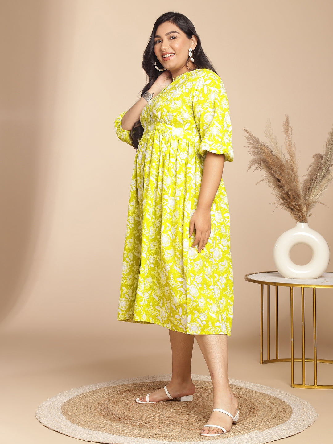Janasya Gathering Cambric Lime Floral Round Neck Dress | Grocsy