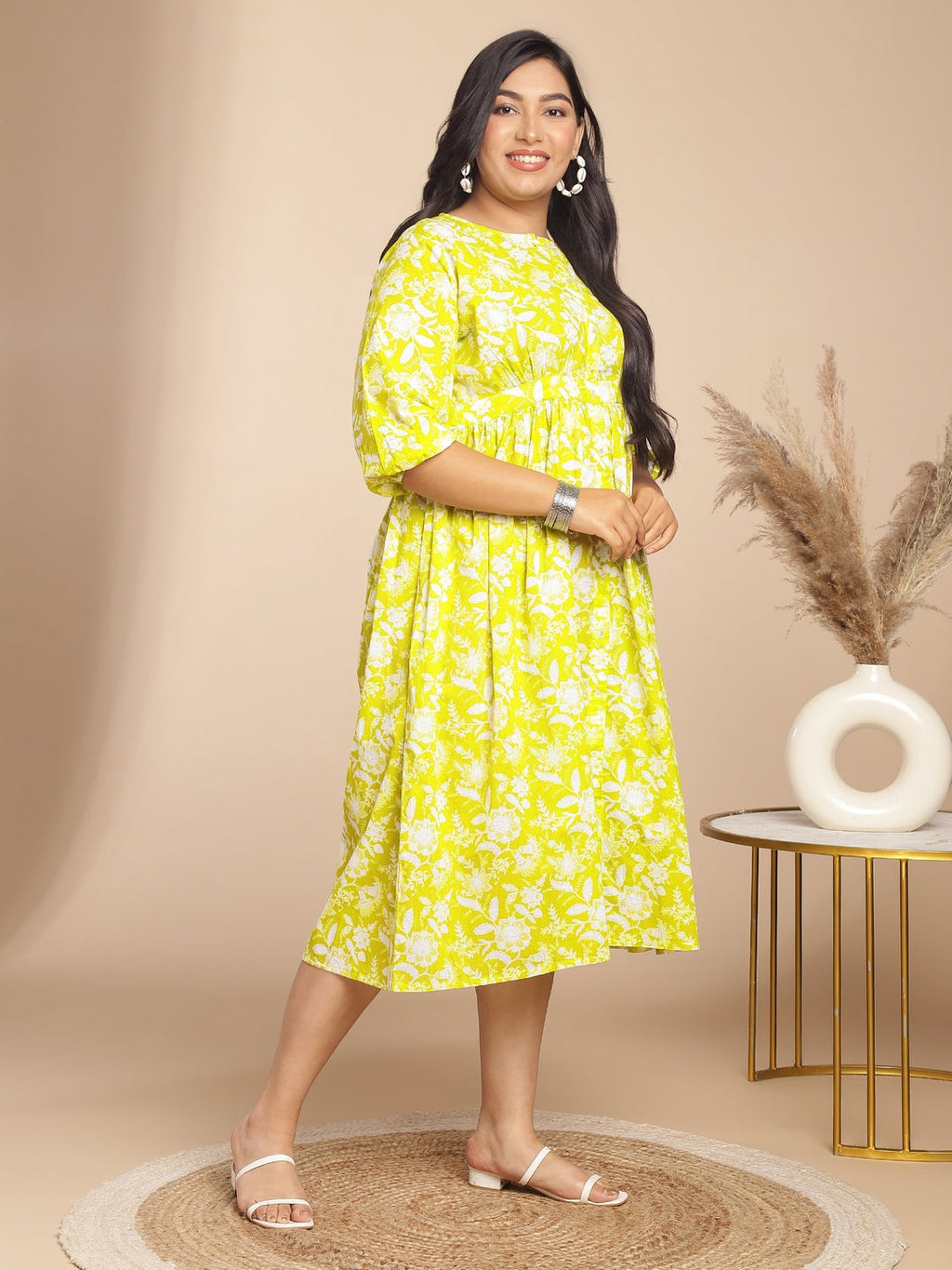 Janasya Gathering Cambric Lime Floral Round Neck Dress | Grocsy
