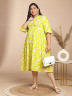 Janasya Gathering Cambric Lime Floral Round Neck Dress | Grocsy