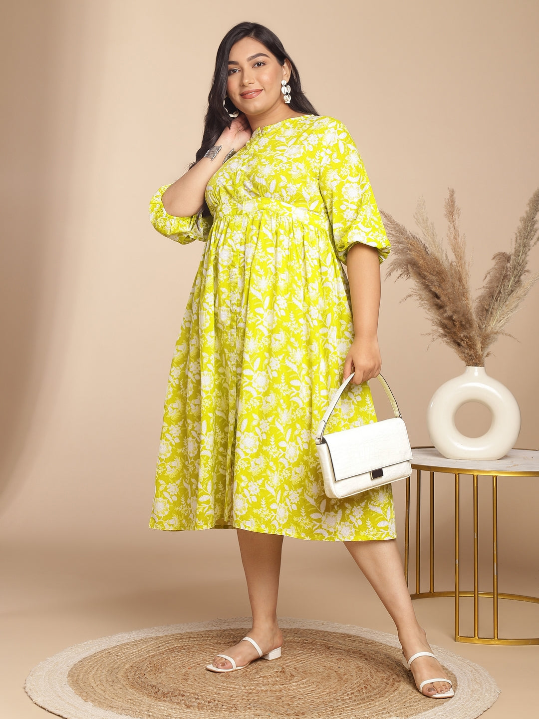 Janasya Gathering Cambric Lime Floral Round Neck Dress | Grocsy