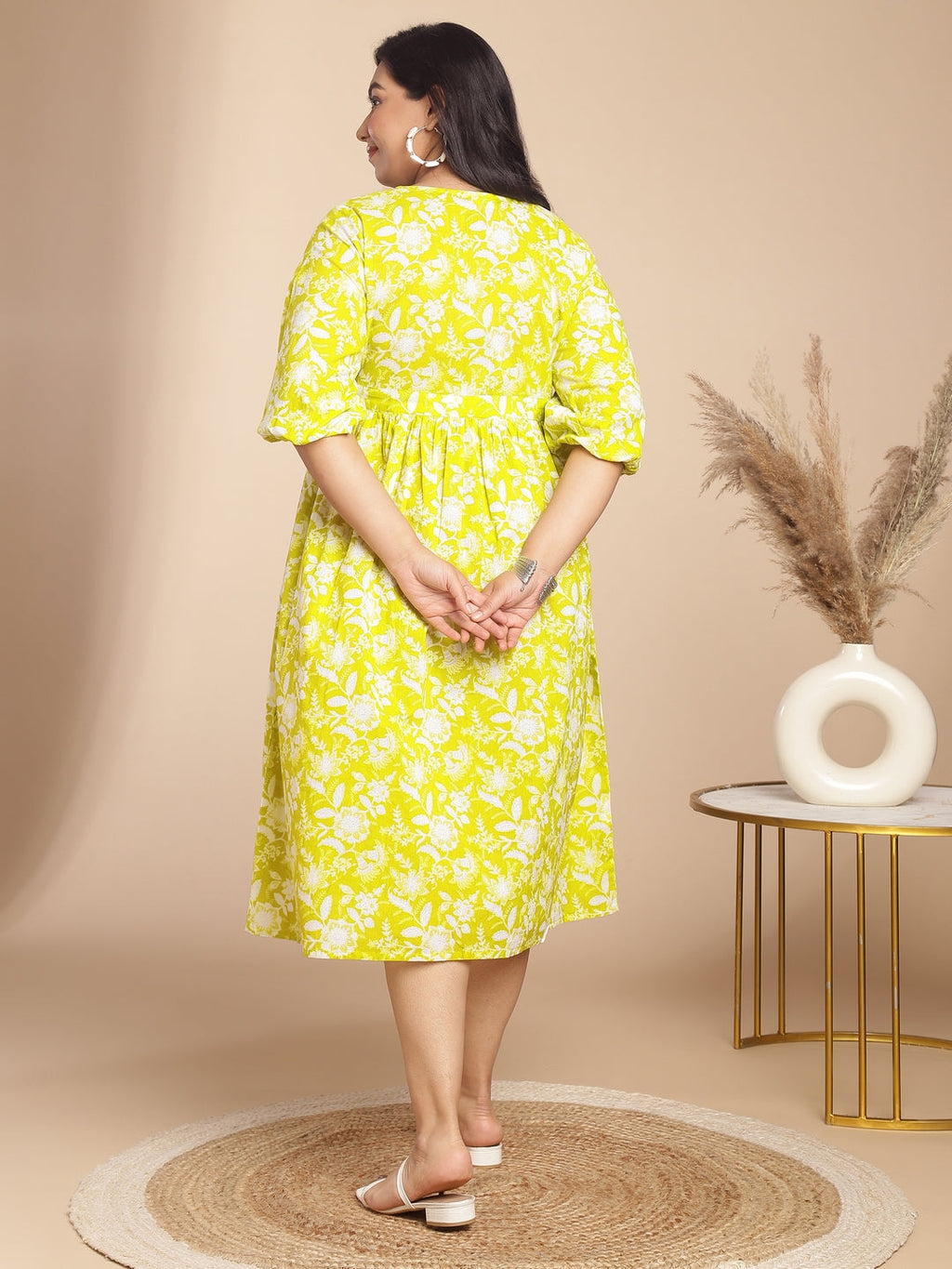 Janasya Gathering Cambric Lime Floral Round Neck Dress | Grocsy