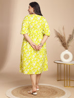 Janasya Gathering Cambric Lime Floral Round Neck Dress | Grocsy