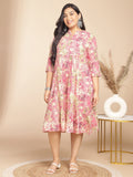 Janasya Gathered Cambric Pink Abstract Band Collar Dress | Grocsy