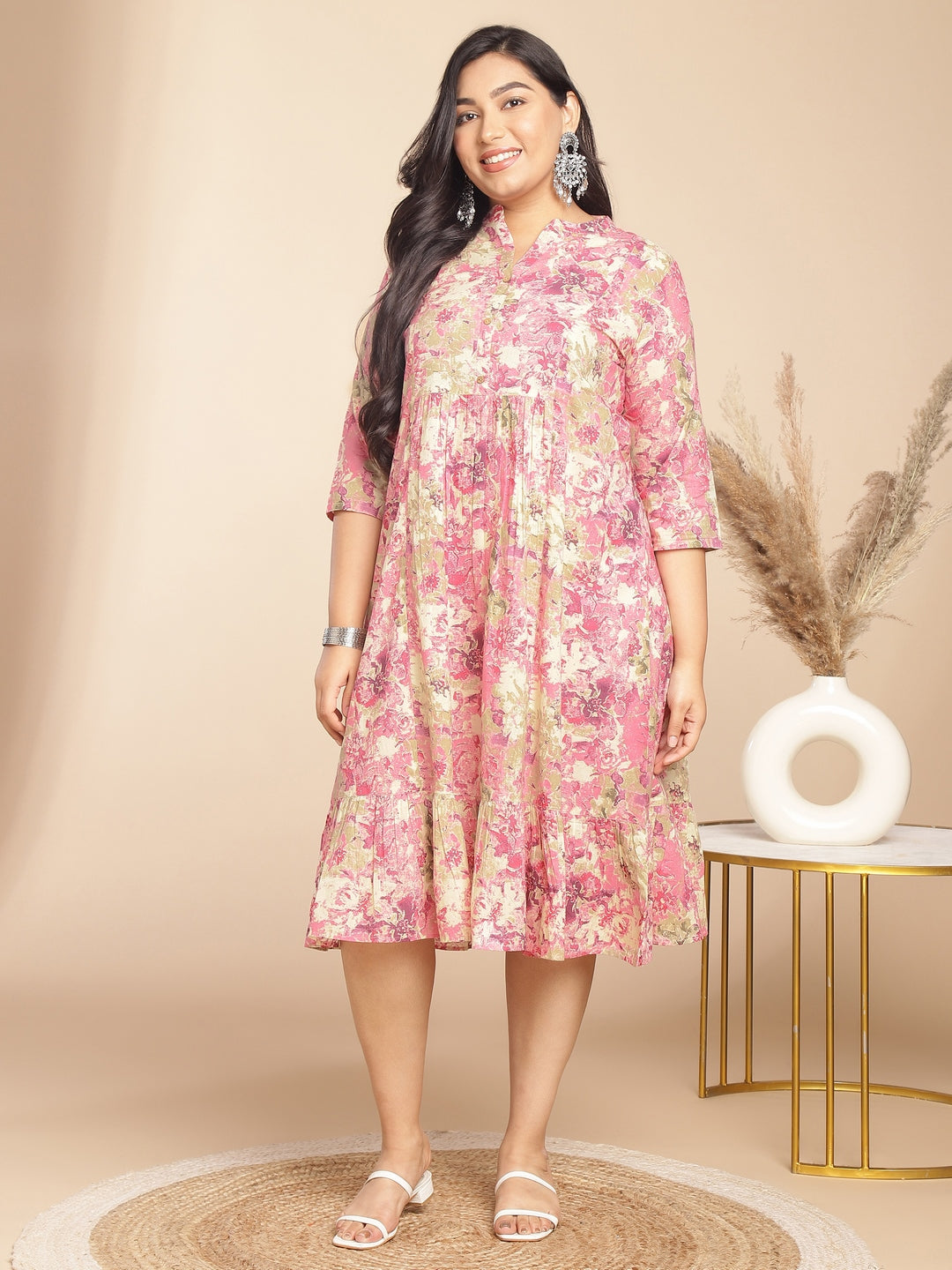 Janasya Gathered Cambric Pink Abstract Band Collar Dress | Grocsy