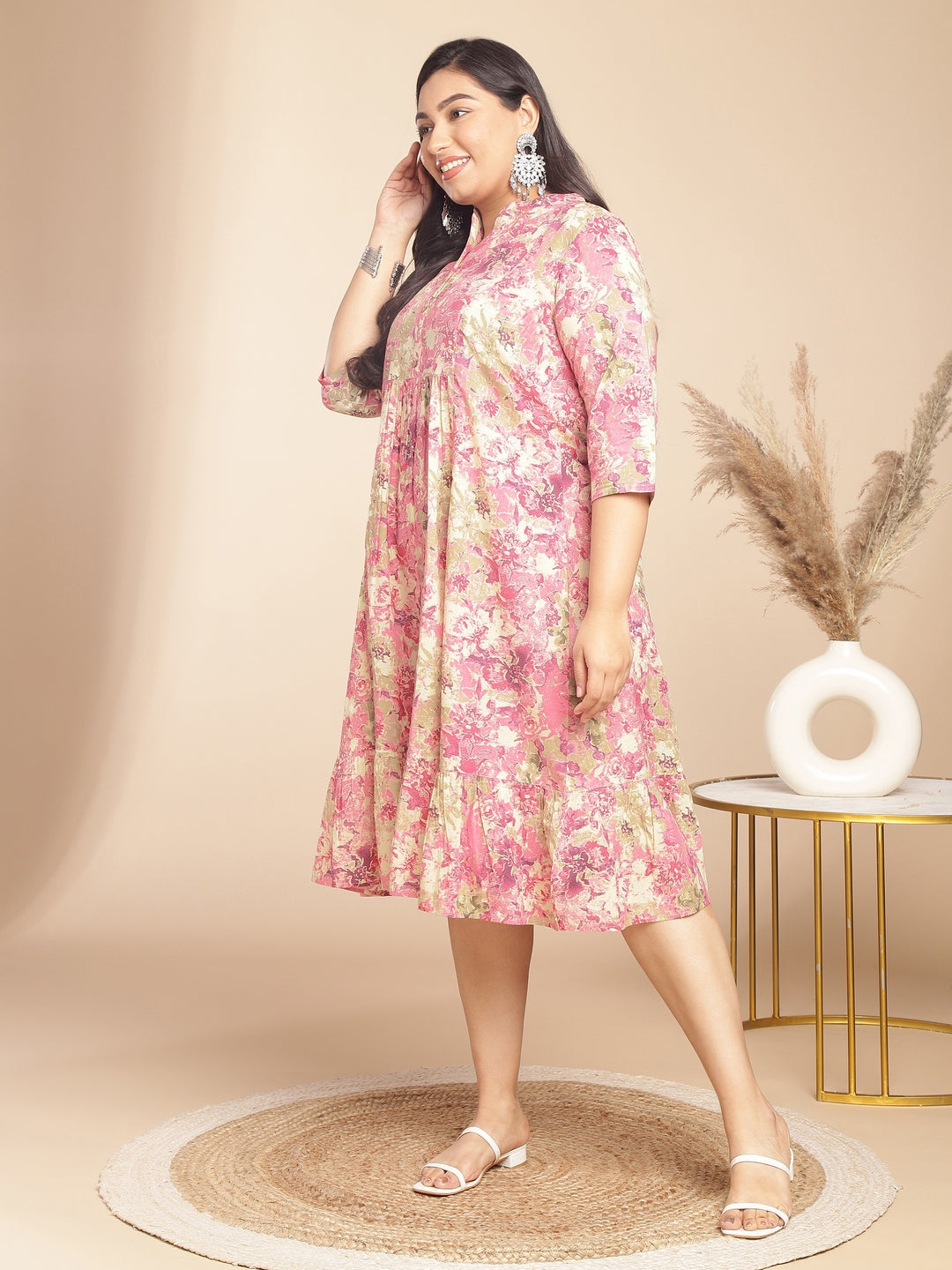 Janasya Gathered Cambric Pink Abstract Band Collar Dress | Grocsy
