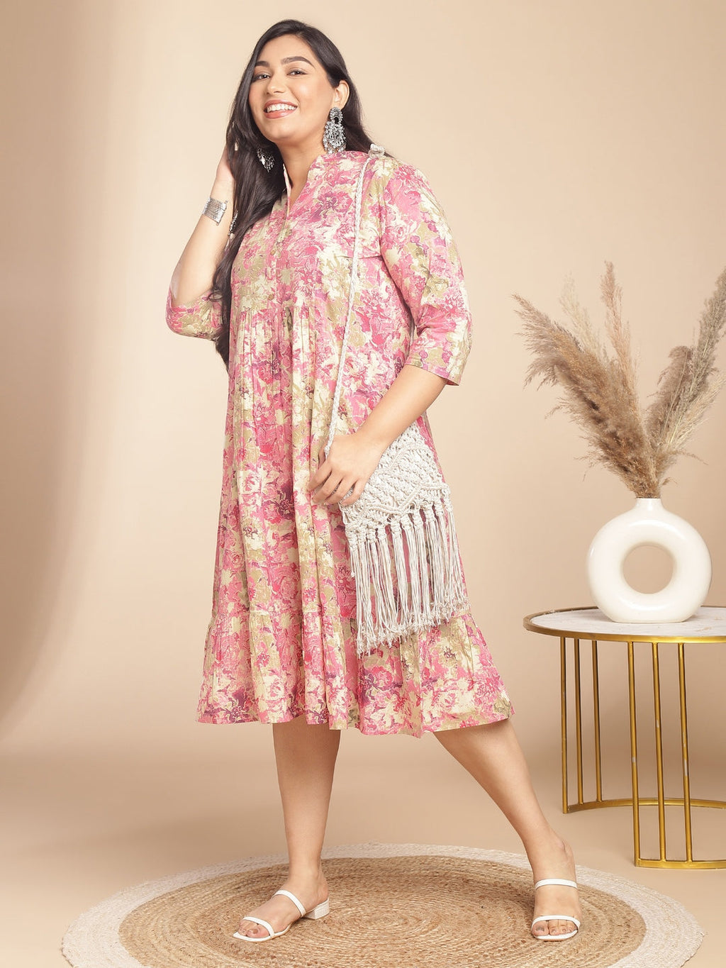 Janasya Gathered Cambric Pink Abstract Band Collar Dress | Grocsy