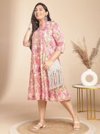 Janasya Gathered Cambric Pink Abstract Band Collar Dress | Grocsy