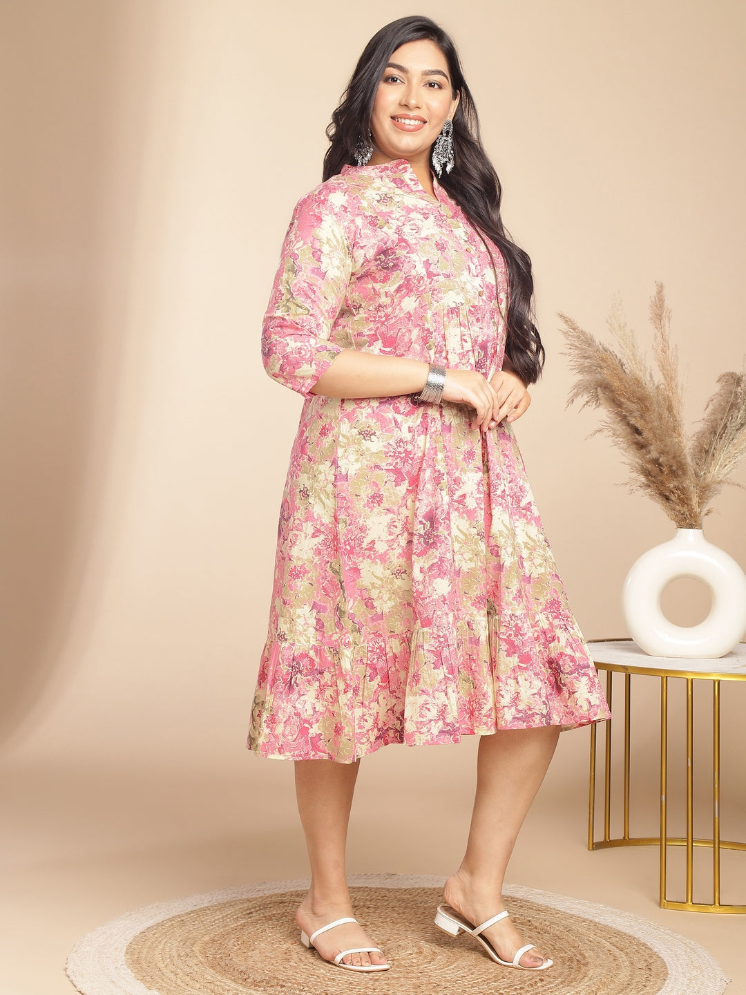 Janasya Gathered Cambric Pink Abstract Band Collar Dress | Grocsy