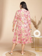 Janasya Gathered Cambric Pink Abstract Band Collar Dress | Grocsy