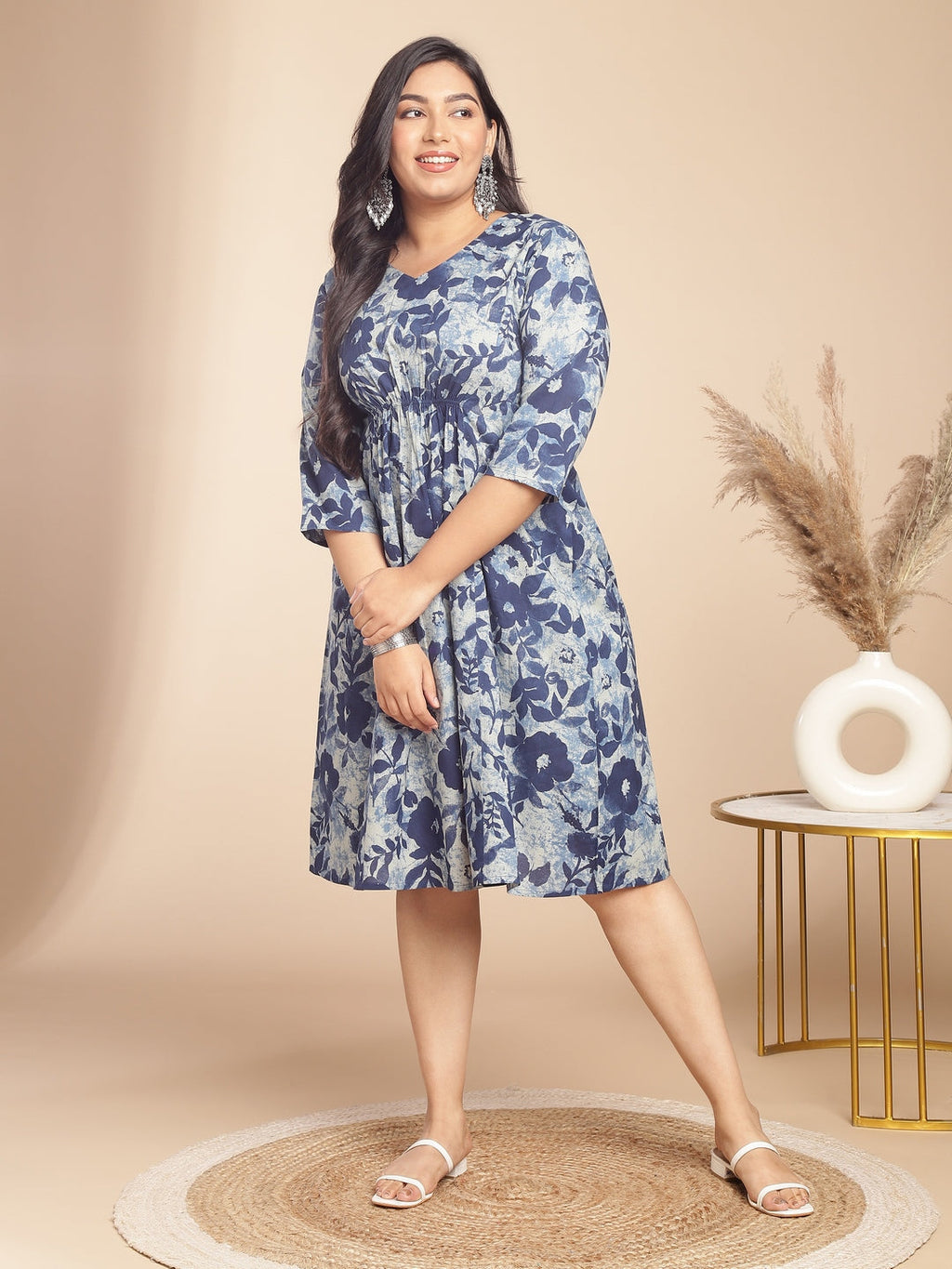 Janasya Gathered Cambric Indigo Floral V-Neck Dress | Grocsy