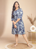 Janasya Gathered Cambric Indigo Floral V-Neck Dress | Grocsy