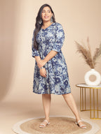 Janasya Gathered Cambric Indigo Floral V-Neck Dress | Grocsy