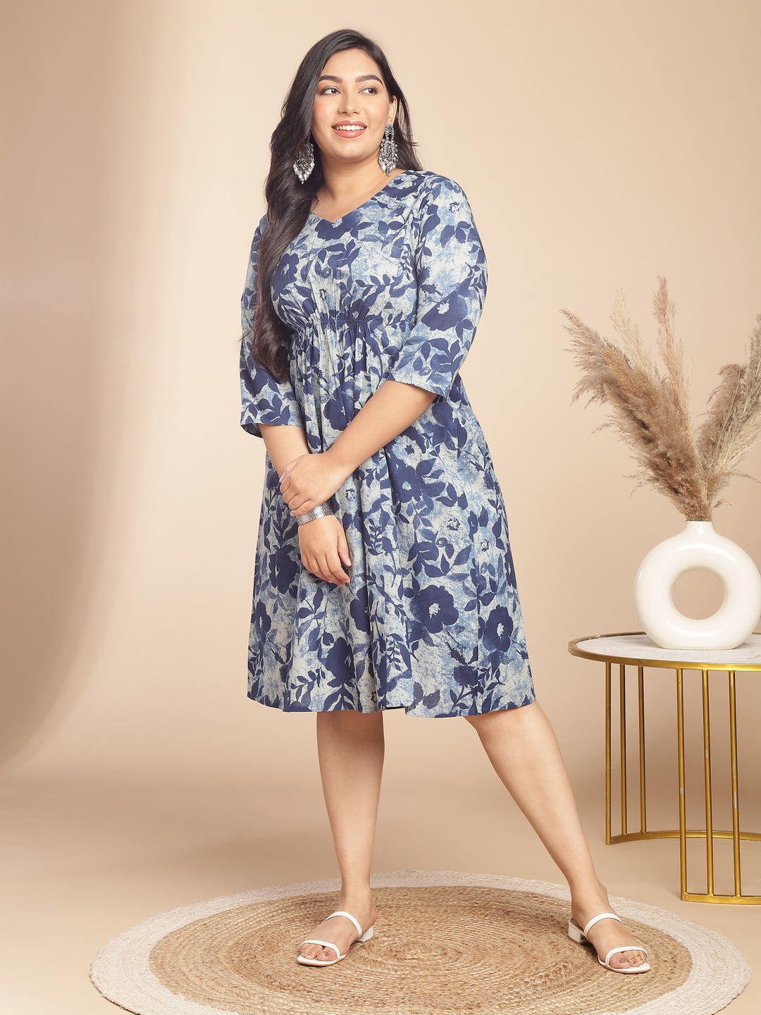 Janasya Gathered Cambric Indigo Floral V-Neck Dress | Grocsy