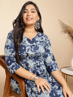 Janasya Gathered Cambric Indigo Floral V-Neck Dress | Grocsy