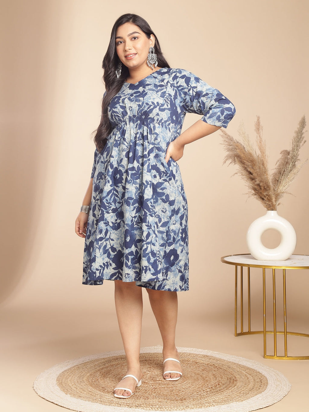 Janasya Gathered Cambric Indigo Floral V-Neck Dress | Grocsy