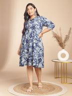 Janasya Gathered Cambric Indigo Floral V-Neck Dress | Grocsy