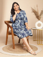 Janasya Gathered Cambric Indigo Floral V-Neck Dress | Grocsy