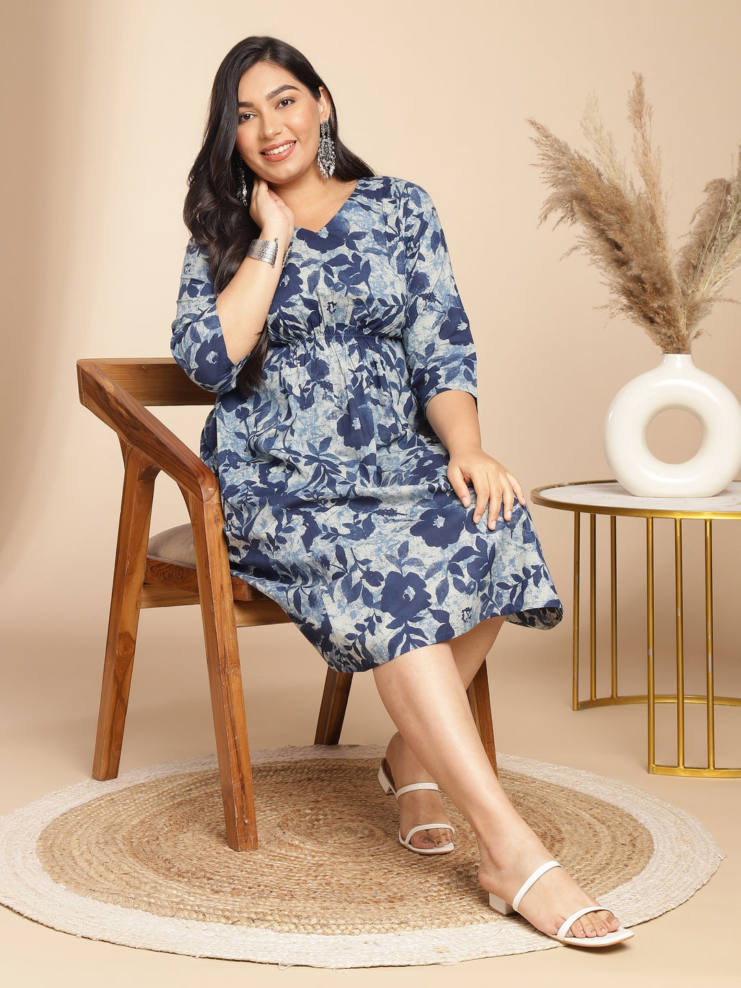 Janasya Gathered Cambric Indigo Floral V-Neck Dress | Grocsy