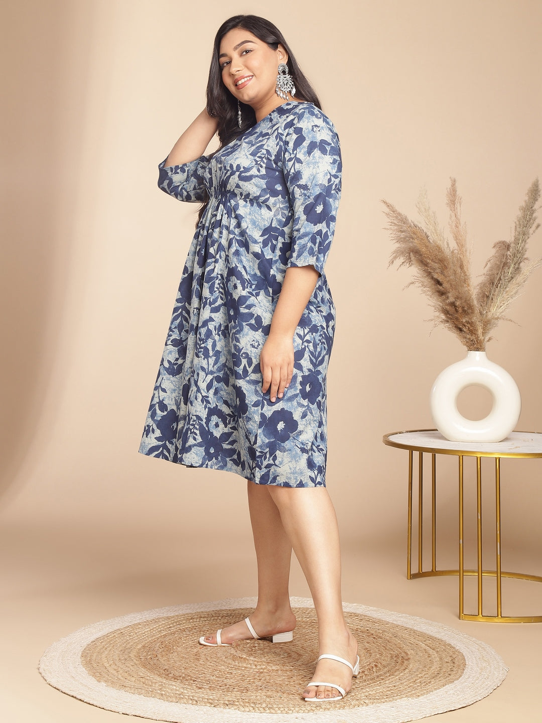 Janasya Gathered Cambric Indigo Floral V-Neck Dress | Grocsy