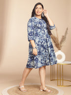 Janasya Gathered Cambric Indigo Floral V-Neck Dress | Grocsy
