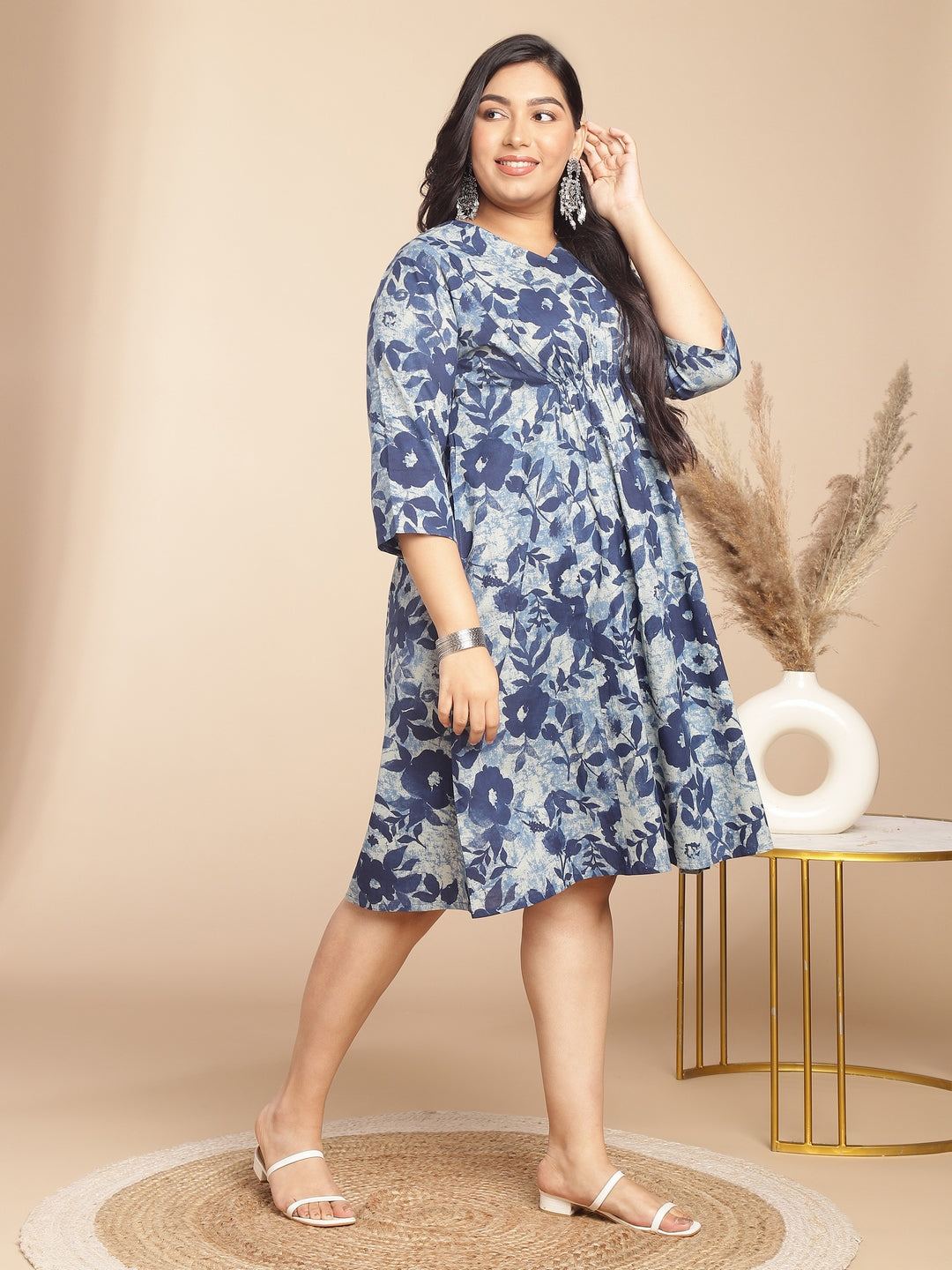 Janasya Gathered Cambric Indigo Floral V-Neck Dress | Grocsy