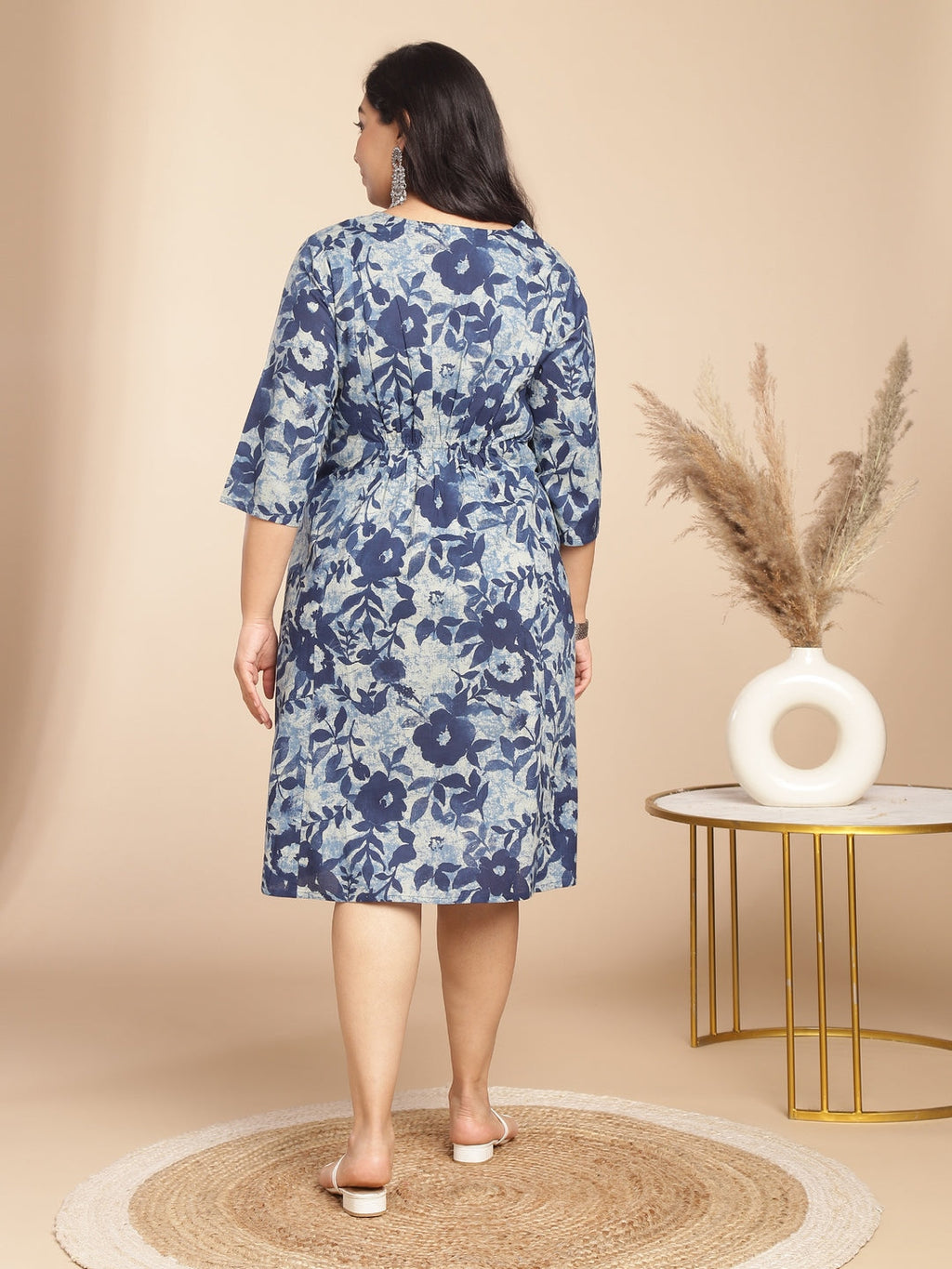 Janasya Gathered Cambric Indigo Floral V-Neck Dress | Grocsy