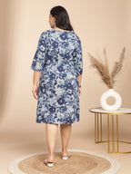Janasya Gathered Cambric Indigo Floral V-Neck Dress | Grocsy