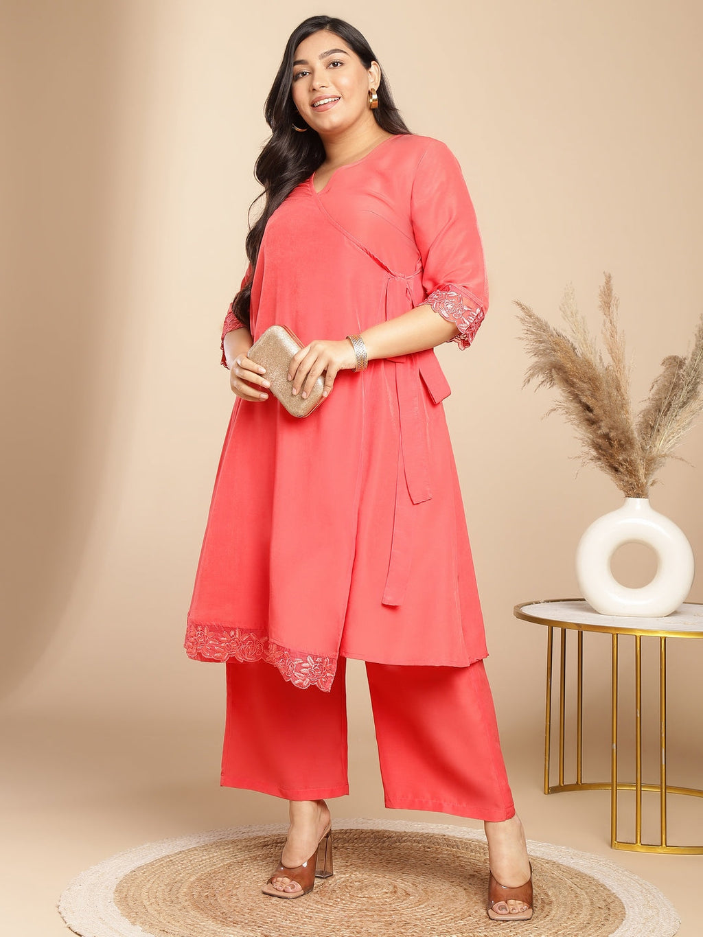 Janasya Angrakha Muslin Peach Solid V-Neck Kurta & Bottom | Grocsy