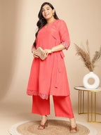 Janasya Angrakha Muslin Peach Solid V-Neck Kurta & Bottom | Grocsy