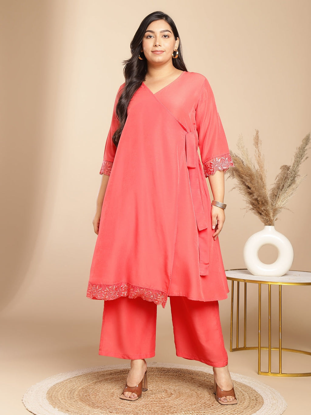 Janasya Angrakha Muslin Peach Solid V-Neck Kurta & Bottom | Grocsy