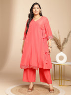 Janasya Angrakha Muslin Peach Solid V-Neck Kurta & Bottom | Grocsy