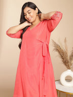 Janasya Angrakha Muslin Peach Solid V-Neck Kurta & Bottom | Grocsy
