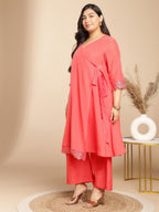 Janasya Angrakha Muslin Peach Solid V-Neck Kurta & Bottom | Grocsy